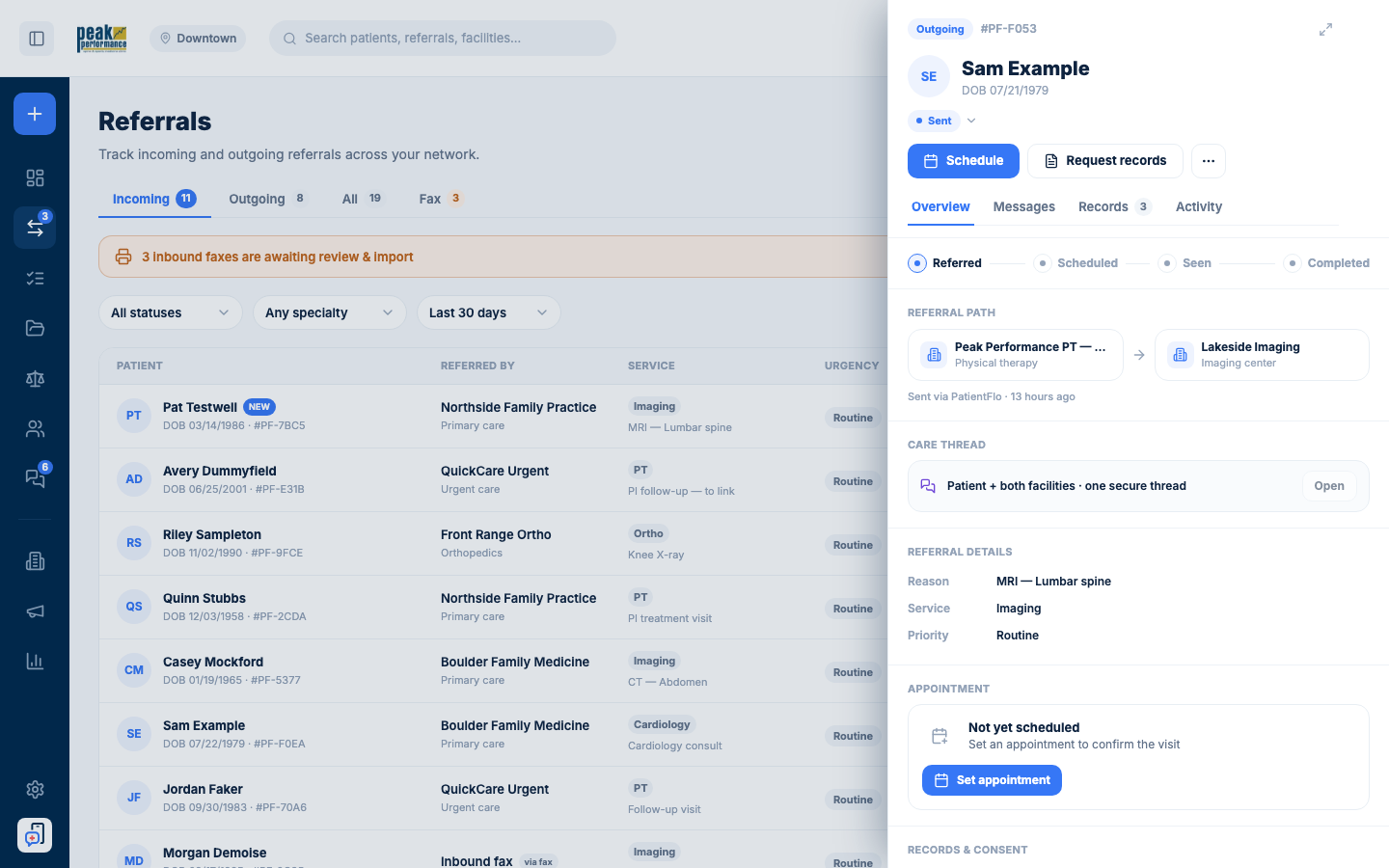 Referral detail with live status and care thread